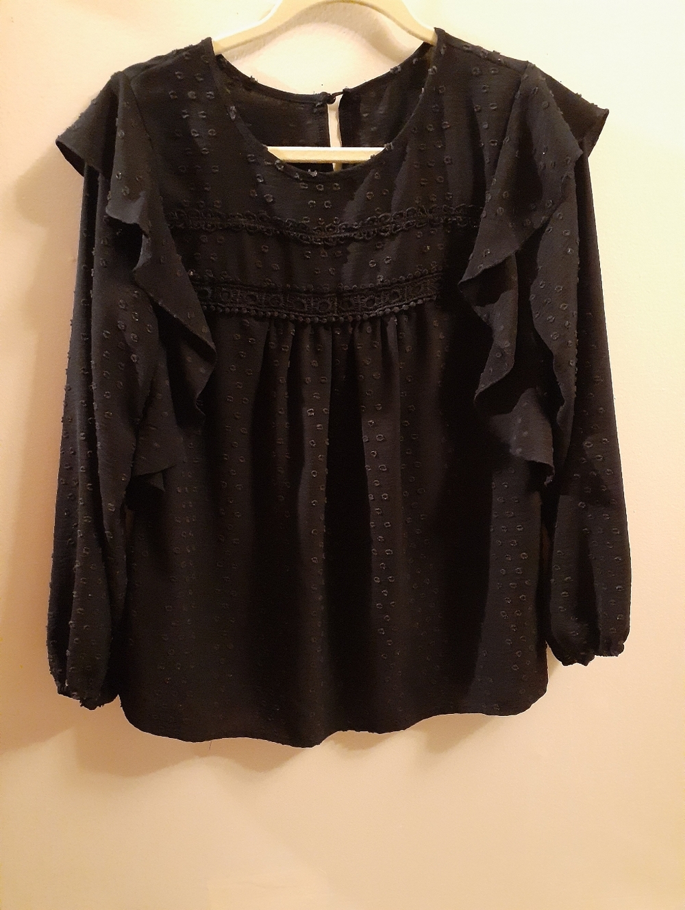 Black Ruffle Swiss Dot Blouse - Women’s Elegant Long-Sleeve Top